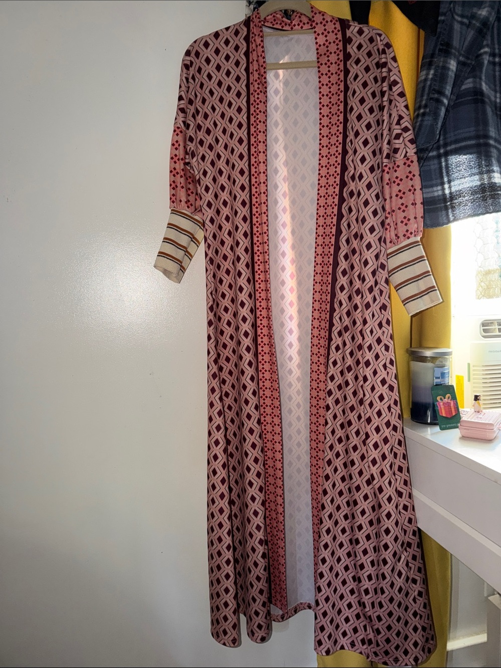 Maxi Open-Front Kimono Dress in Dusty Rose Geometric Print